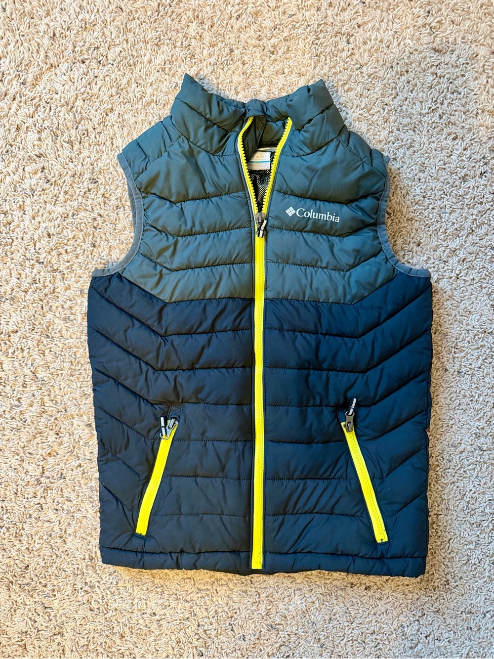 Columbia Omni Heat Kids Two-Tone Puffer Vest in Olive and Black & Yellow Trim